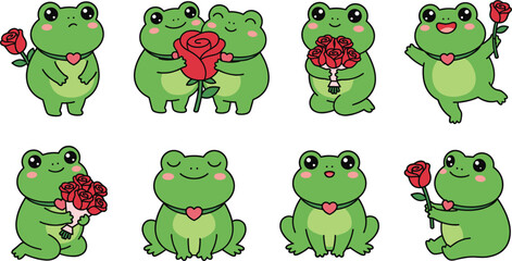 Obraz premium Cute cartoon frog characters holding red rose flowers in loving romantic poses vector illustration set