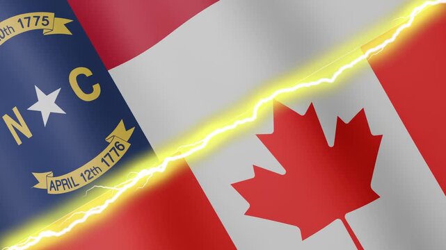 Two waving flags USA State of North Carolina and Canada with diagonal lightning seamless, 4k loop