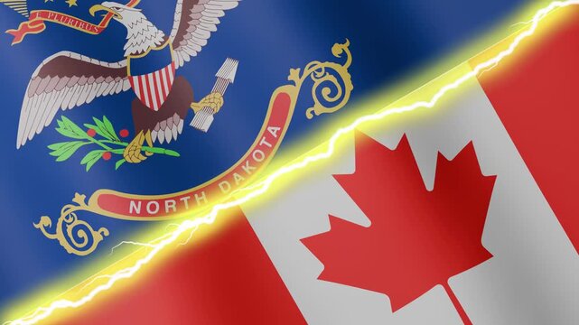 Two waving flags USA State of North Dakota and Canada with diagonal lightning seamless, 4k loop