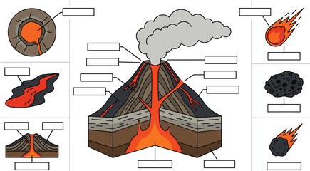 Volcano Eruption Diagram Vector Infographic Template Featuring Cross Section View Magma Chamber Ash Cloud Lava Flow and Geological Blank Labels © MstRozinaAkter