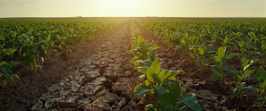 Agricultural land with soybean plants and deep cracked soil after drought flood