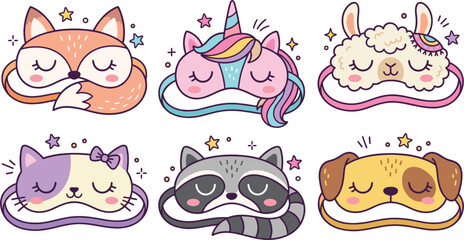 Fototapeta premium Cute cartoon animal sleeping eye masks collection vector setCute cartoon animal sleeping eye masks collection vector set