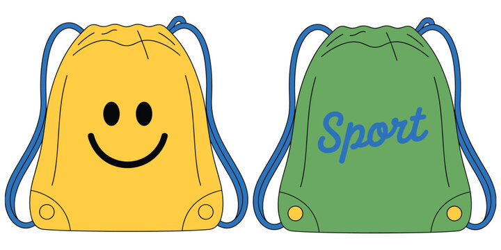 Flat vector illustration of drawstring backpacks with smiley face and sport text, casual bag artwork concept and colorful design illustration