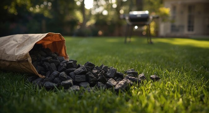 Charcoal pieces in a paper bag on a lush green backyard for grilling