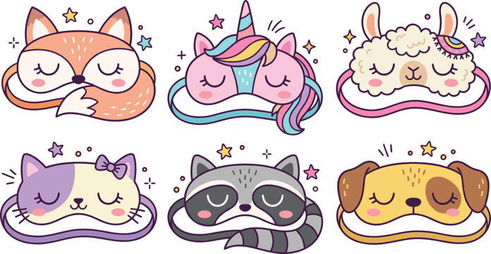 Cute cartoon animal sleeping eye masks collection vector setCute cartoon animal sleeping eye masks collection vector set