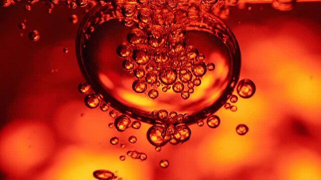 Flowing lava lamp video with bright oranges concept. Close up of orange bubbles underwater with vibrant glowing background and abstract liquid texture