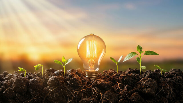 Lightbulb seedling soil sunrise growth energy hope power clean sunrise lightbulb lifts. Sustainable renewable green energy. eco environment nature earth, future innovation development growth
