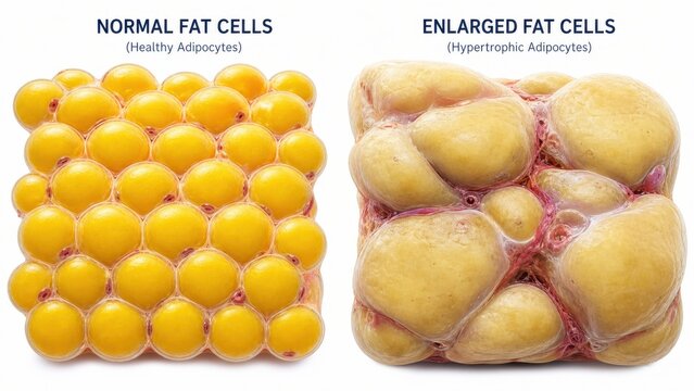 Medical 3D infographic comparison between normal healthy adipocytes and swollen hypertrophic fat tissue caused by obesity and weight gain. AI 3d render