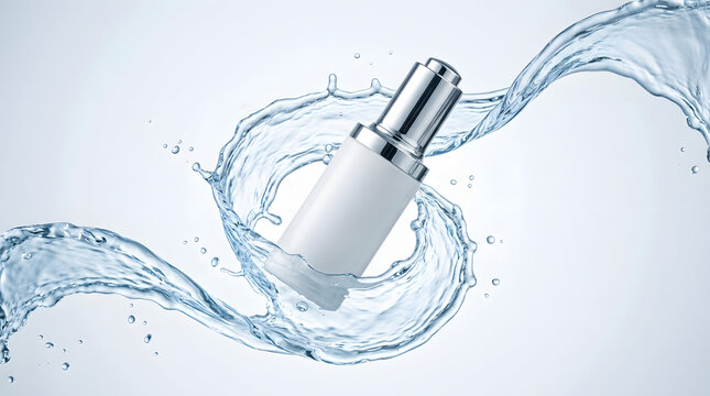Cosmetic serum bottle floating in dynamic water splash