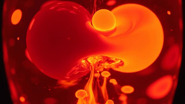 Flowing lava lamp video with bright oranges concept. Close up of glowing red and orange lava lamp liquid bubbles in motion with vibrant warm lighting