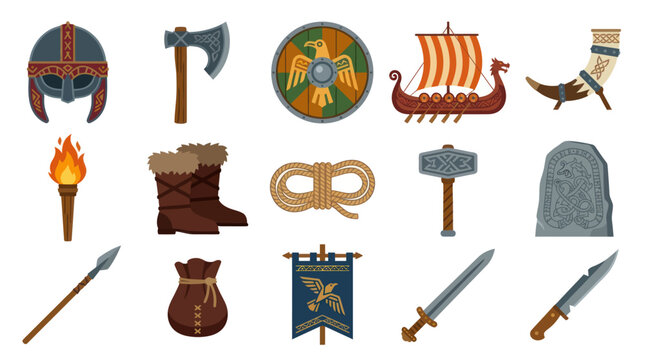 Viking Flat Design Vector Icon Set. Ancient Norse Mythology Symbols and Scandinavian History Items Collection.