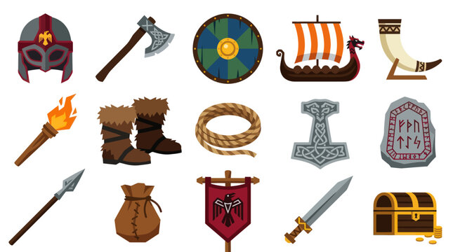 Viking Flat Design Collection: Norse Warrior Equipment, Ancient Symbols, and Cultural Icons Set