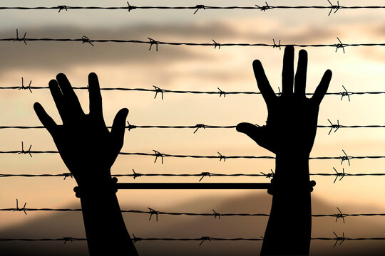 Silhouette of a barbed wire fence with a man hands pleading for freedom. human hand silhouette asking for help. Freedom concept