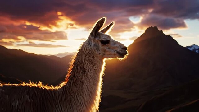 Majestic Llama Silhouetted Against Vibrant Andean Sunset