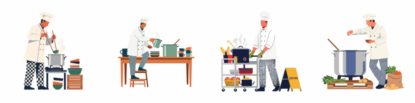 Set of professional chefs preparing food in large pots, serving meals, and seasoning dishes in a commercial kitchen illustration.