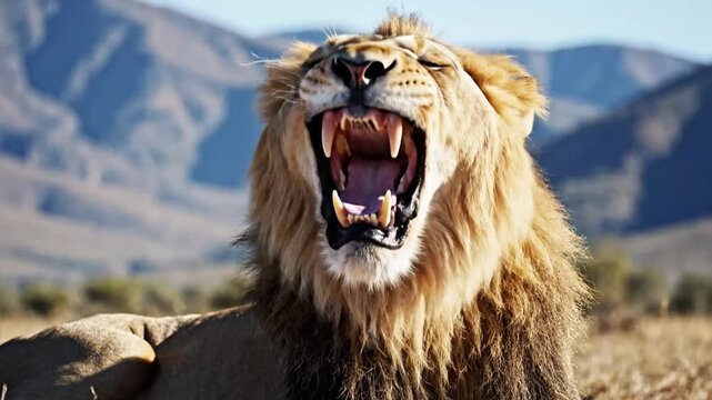 Majestic Lion Yawns Wide Revealing Powerful Jaws