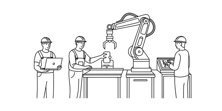 Industrial workers and robotic arm in a manufacturing factory setting Vector, illustration
