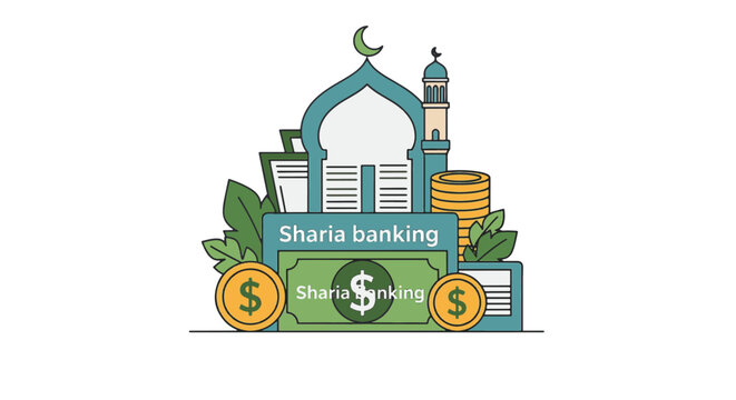 Islamic Sharia Banking Concept Vector Illustration Featuring Green Currency Coins and Mosque Architectural Elements Representing Ethical Financial Management and Interest-Free Investment