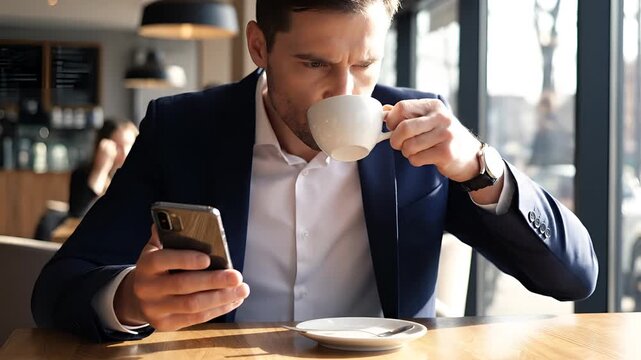 Businessman Using Smartphone and Drinking Coffee in Cafe.