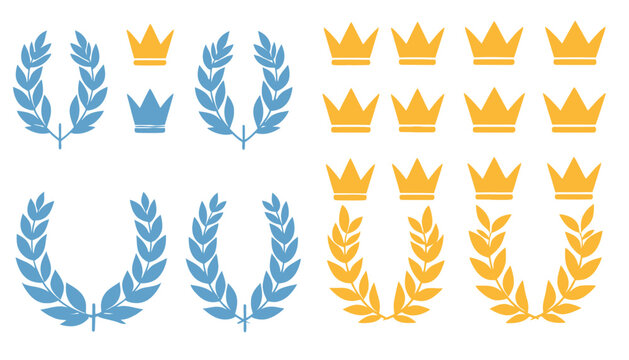 Vektor-Sammlung von goldenen und blauen Lorbeerkr&auml;nzen und Kronen f&uuml;r Triumph, Leistung und Erfolg