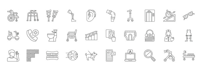 Fototapeta premium Disabled People Assistance Icon set Collection in Line Style. wheelchair, walker, hospital, medical, rehabilitation