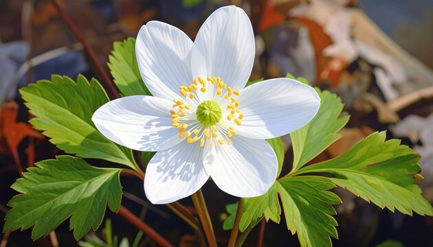 White bloodroot flower in bloom with yellow center and green leaves in natural spring setting