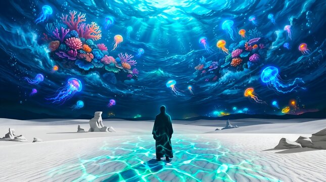 Person silhouette on white ground with water reflections looking up at an inverted ocean sky filled with glowing jellyfish and colorful coral reefs