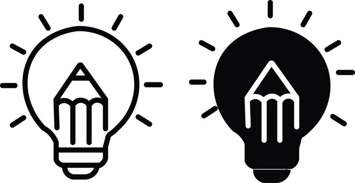 Creative idea lightbulb icons with pencil tip, minimalist light bulb vector set, inspiration and innovation symbols for graphic design projects