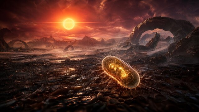 A single resilient microbe glowing with internal light on a desolate alien landscape under a strange sun.