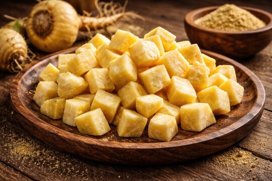 Yellow maca pieces neatly spread on a rustic wooden plate