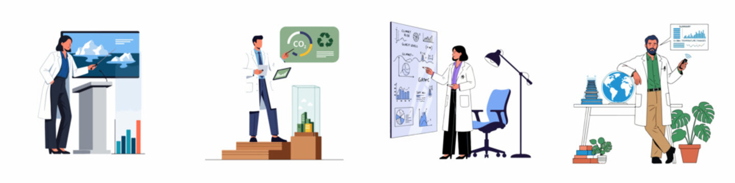 Diverse set of scientist illustrations presenting research data on climate change, global warming, and environmental protection through various charts and diagrams.