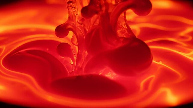 Close up of vibrant red liquid splash with glowing light effects creating abstract fluid motion