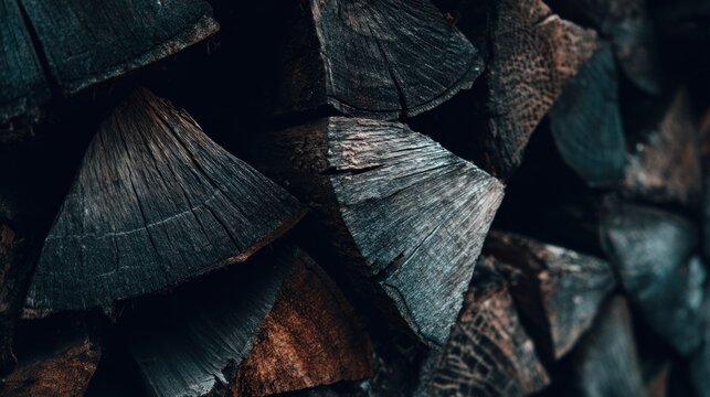 Stacked, split logs display deep, textured grain under dim lighting conditions