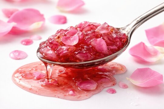 Artistic view of rose petal jam and liquid on a spoon over a pure white surface