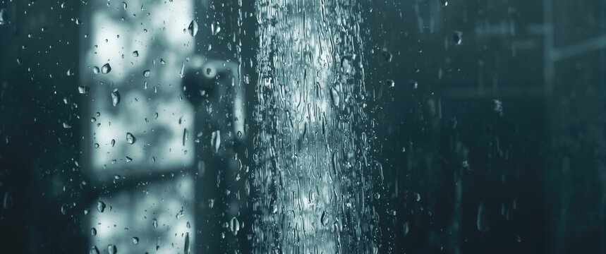Shower Water Spray on Glass Close-Up, Moody Atmosphere, High Detail