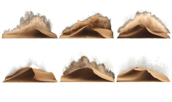 Set von sechs W&uuml;stensandd&uuml;nen mit wehendem Sand und Staubpartikeln auf transparentem Hintergrund