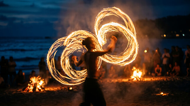 A person performs fire dancing on a beach at night with a crowd watching flames.