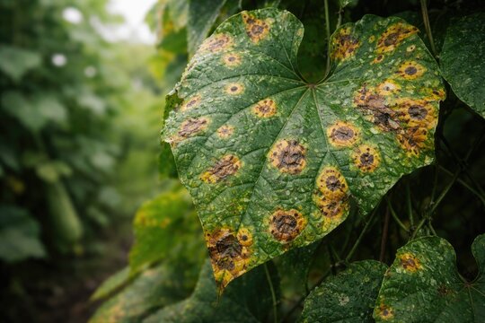 Detailed view of viral spots on luffa plant foliage with copy space