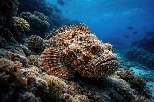 Marine life photography featuring stonefish in blue water setting