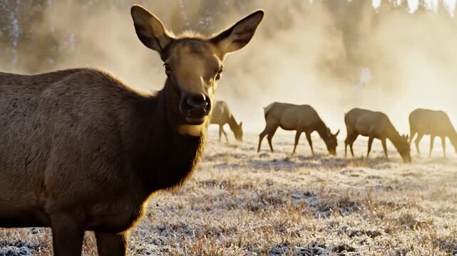 Majestic Elk Cow in Misty Meadow at Sunrise