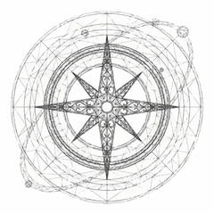 Ornate compass rose with celestial orbits and geometric patterns. © Maonah