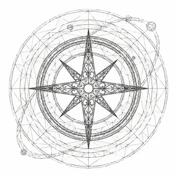 Ornate compass rose with celestial orbits and geometric patterns.