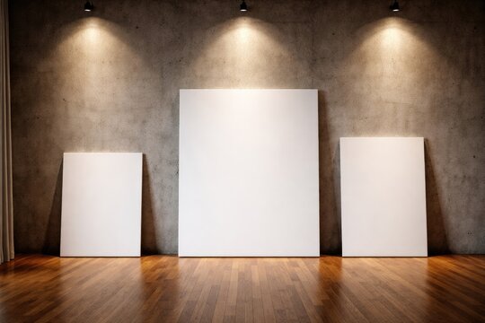 Minimalist interior showing white canvases against a rough concrete wall and classic hardwood floor with IES lighting effects