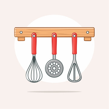 Kitchen Utensils Hanging on Wooden Rack