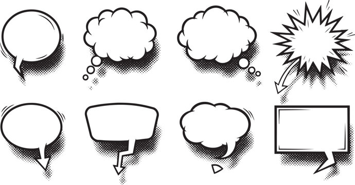Set of comic speech bubbles vector icons for chat communication, dialogue and messaging illustration design with cloud and balloon shapes in cartoon style