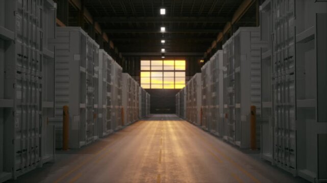 Long symmetrical aisle inside a self storage facility with rows of white locker doors and warm sunlight glowing through a large industrial window