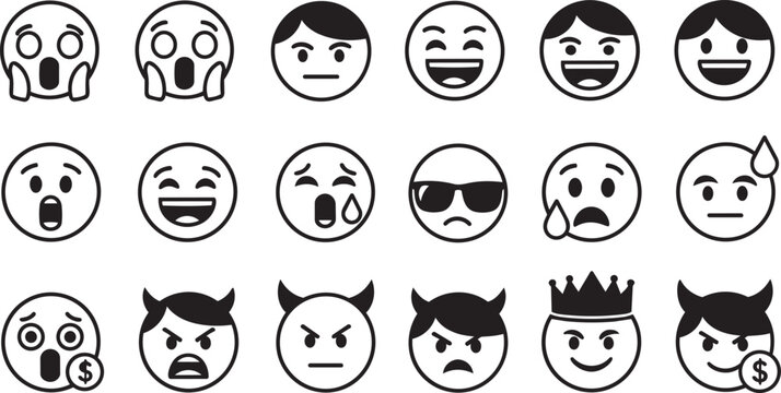 Black and white of diverse cartoon cat faces with varied expressions emotions
