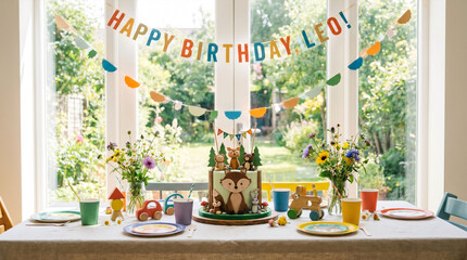 Fototapeta premium Birthday party table decorated with woodland animal cake and colorful banner by window