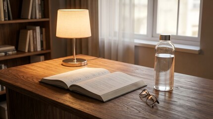 Fototapeta premium Cozy study desk with book, glasses, water bottle, and lamp on wooden table by window with bookshelf