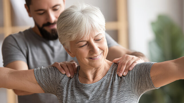 Senior woman doing physical therapy exercises with help from a young male therapist, both smiling and focused in a bright indoor setting.